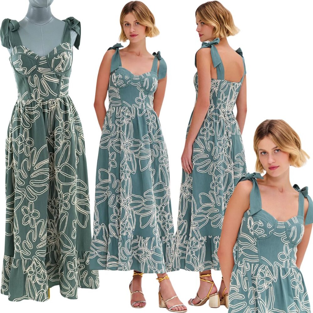 🆕 PATBO 🧿 NWOT Asas Linen Lace Midi Dress, Green with White Embroidery - Sz 4